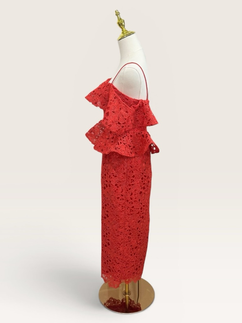 Muse by Marchesa Amaryllis Red Lace Peplum Midi Cocktail Dress Off Shoulder NWT - Picture 4 of 15